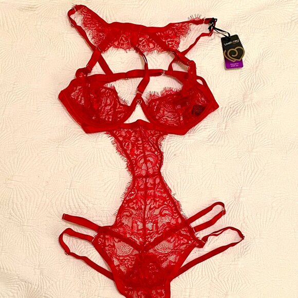Red Lace Barely Teddy there NEW - stretchy with lace collar - Picture 1 of 10